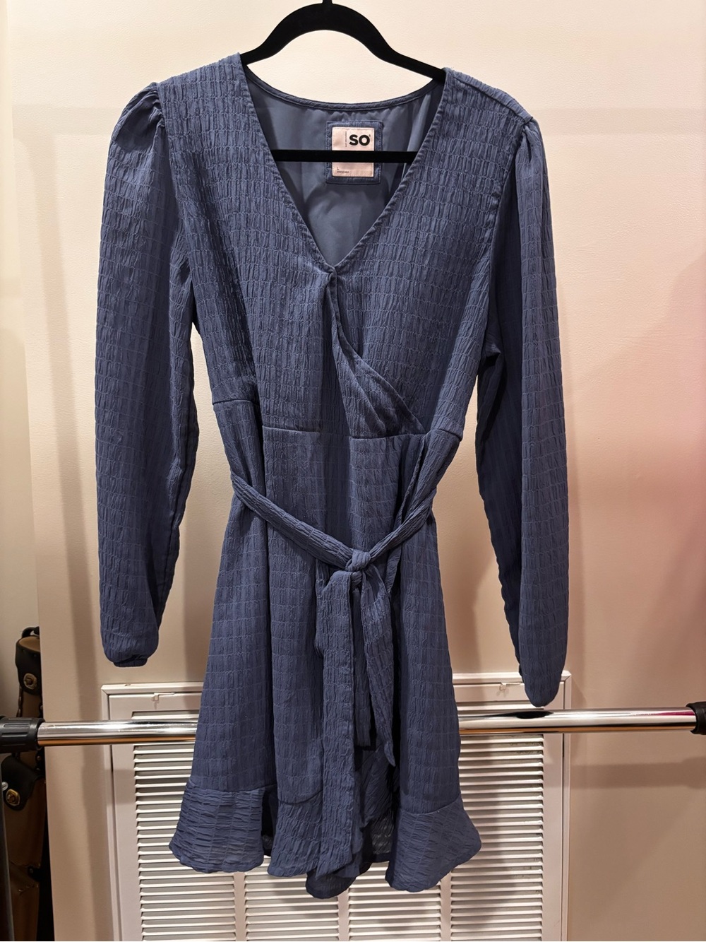 SO Dusty Blue Long-Sleeve Textured Wrap Dress
